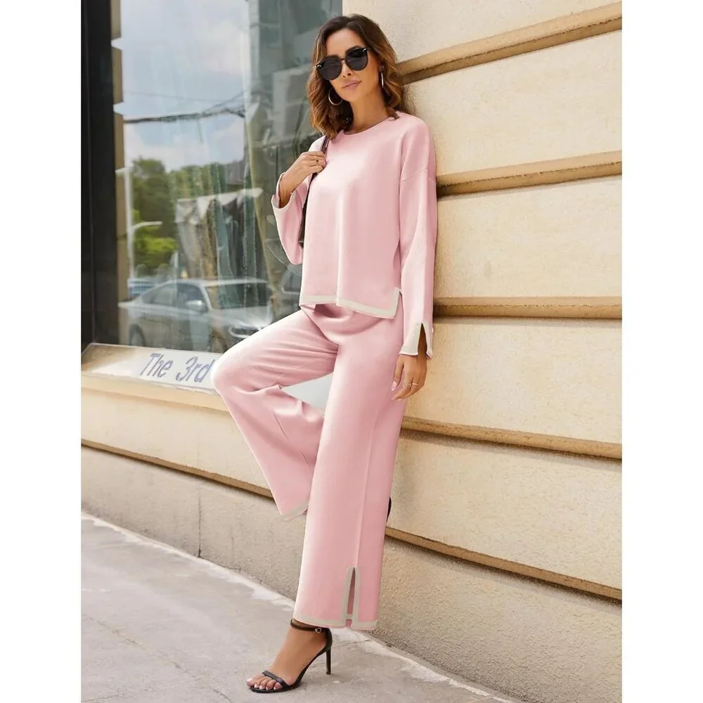Women's Pink Long Sleeve Knit Sweater Top & Wide Leg Pants Lounge Set